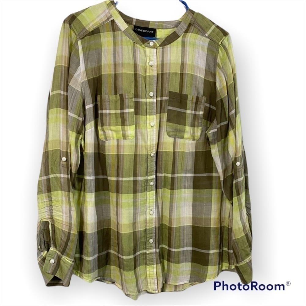 Lane Bryant plaid button down top size 14/16 light weight greens yellow